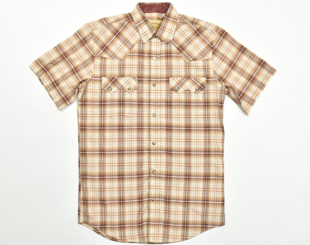 Cowboy Legend Mens Western Pearl Snap Shirt Short Sleeve Plaid Brown Orange Sz M